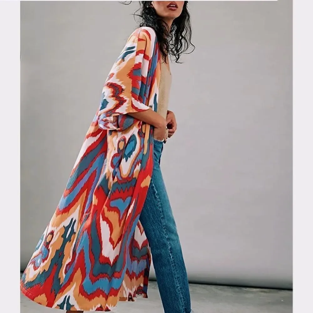 Multicolor Open Longline Three Quarter Sleeve Kimono Duster - Picture 3 of 15